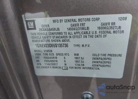 2009 Chevrolet Traverse Lt from USA, damaged, VIN 1GNEV23D69S135736